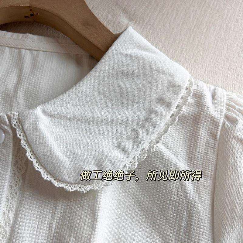 White Peter Pan Collar Puff Sleeve Blouse Short Sleeve Button Down Shirt Casual Daily Top Women