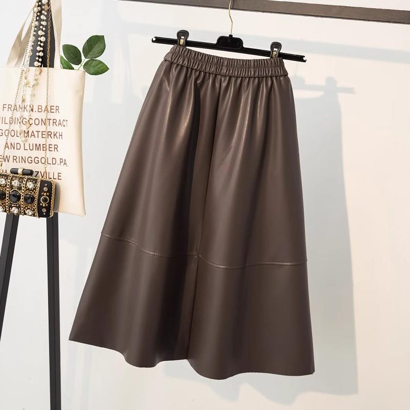 High-Waisted Coffee PU Leather A-Line Skirt - Autumn/Winter 2025 Mid-Length Slimming Pencil Design