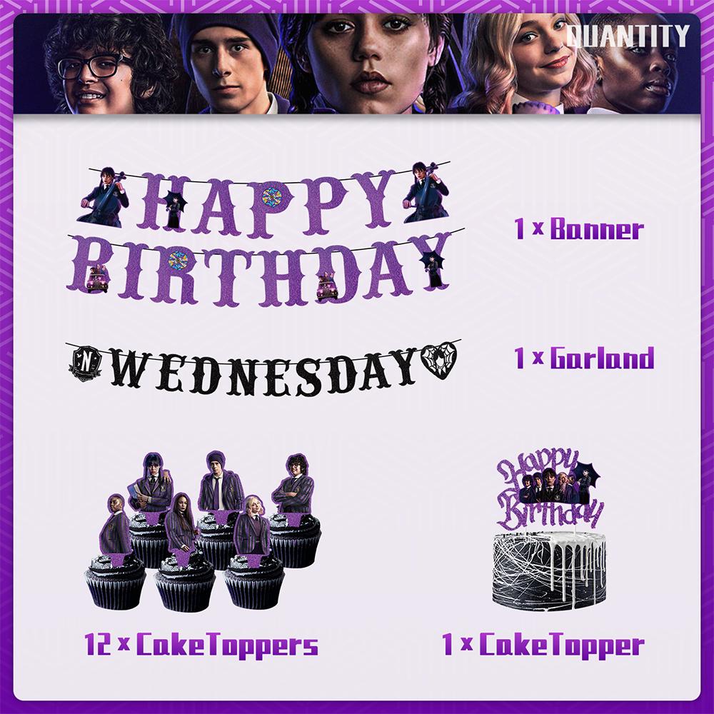 15pcs Wednesday Addams Party Supplies Including Banners and CakeToppers