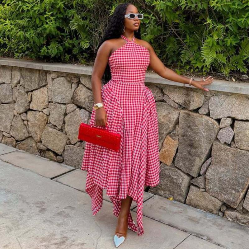 Women's Halter Neck Plaid Maxi Dress Sleeveless Loose Summer Vacation Long Dress