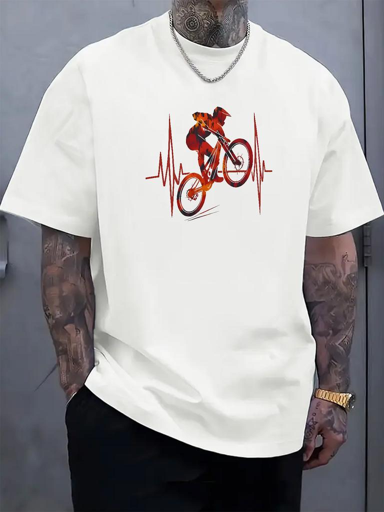 Unisex White Tee Mountain Biker Heartbeat Gradient Art Graphic Print Crew Neck Short Sleeve Summer Casual Male Cotton Street Top