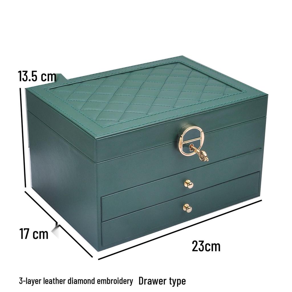 Three-Layer Leather Jewelry Box with Lock for Rings, Bracelets, and Earrings