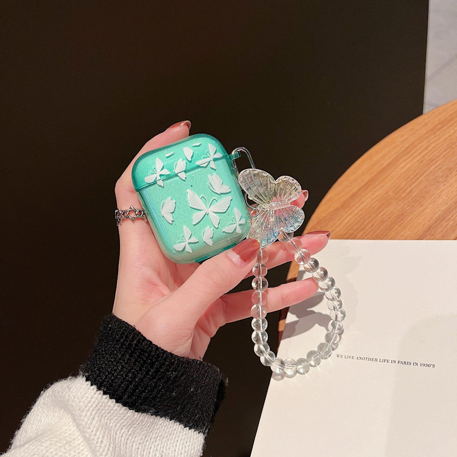 

Прозрачный блестящий чехол для Bluetooth-гарнитуры с цепочкой-бабочкой для 1/2/3Pro airpods 1/2 generation зелёный