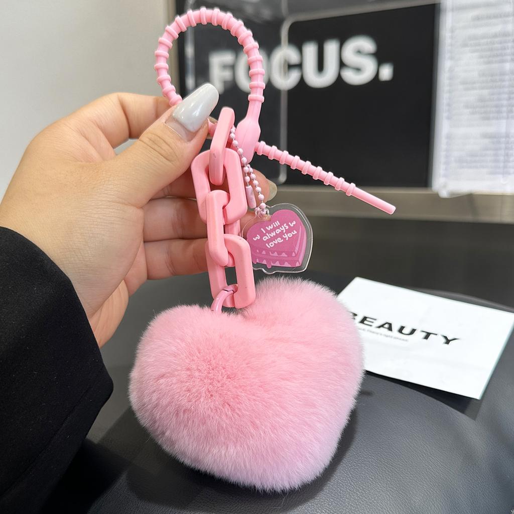 Fluffy Pompom Plush Peach Heart Keychain Cute Soft Heart Shape Key Chain Pendant Jewelry Keyring For Women Girls Bag Car Trinket
