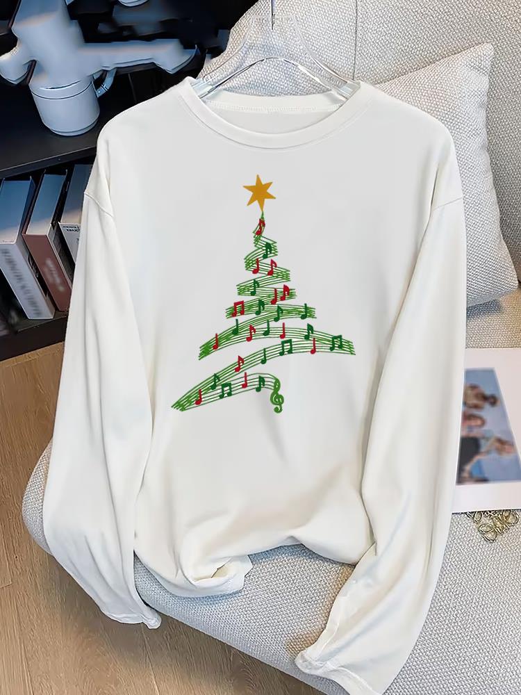 (Asian Size) Lovely Tree Print T Shirt Christmas New Year Graphic Tee Women Autumn Winter Casual Fashion Top Clothing Long Sleeve T-shirts
