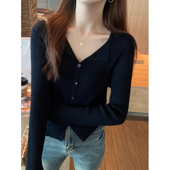 French Polo Lapel Knitted Bottoming Shirt Women's Autumn and Winter Thin Outer Cardigan Top Slim Fit Long-sleeved Sweater