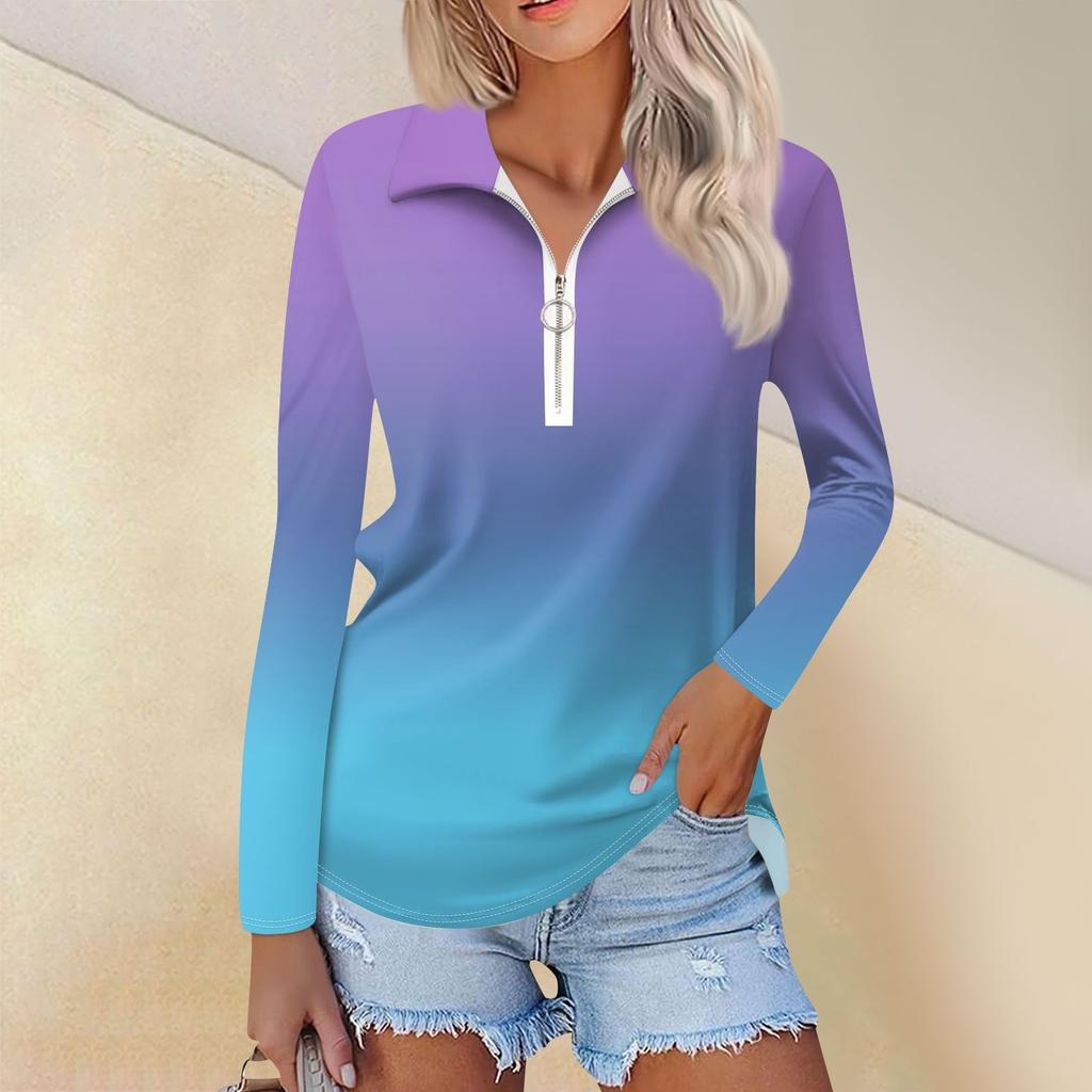 Damen Frühling und Mode Casual Printed Zipper V-Ausschnitt Langarm Shirt Tops