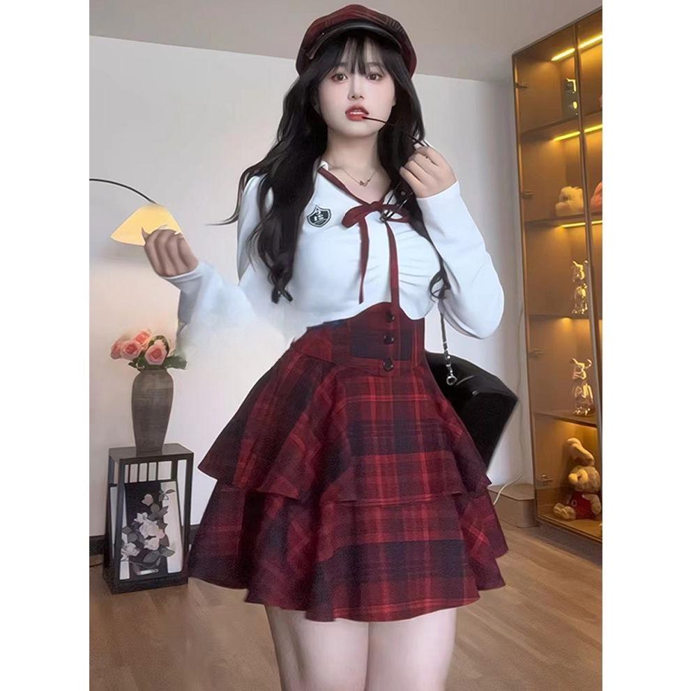 Plus Size Women's JK Style Uniform Set - Waist-Hugging Puffy Skirt & Slimming Shirt Top Duo