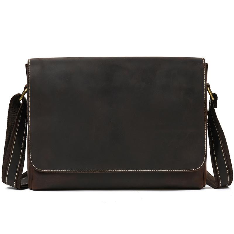 Men'S Genuine Leather Shoulder Bag Crazy Horse Leather Messenger Bag First Layer Cowhide Flip Shoulder Bag Casual Bag