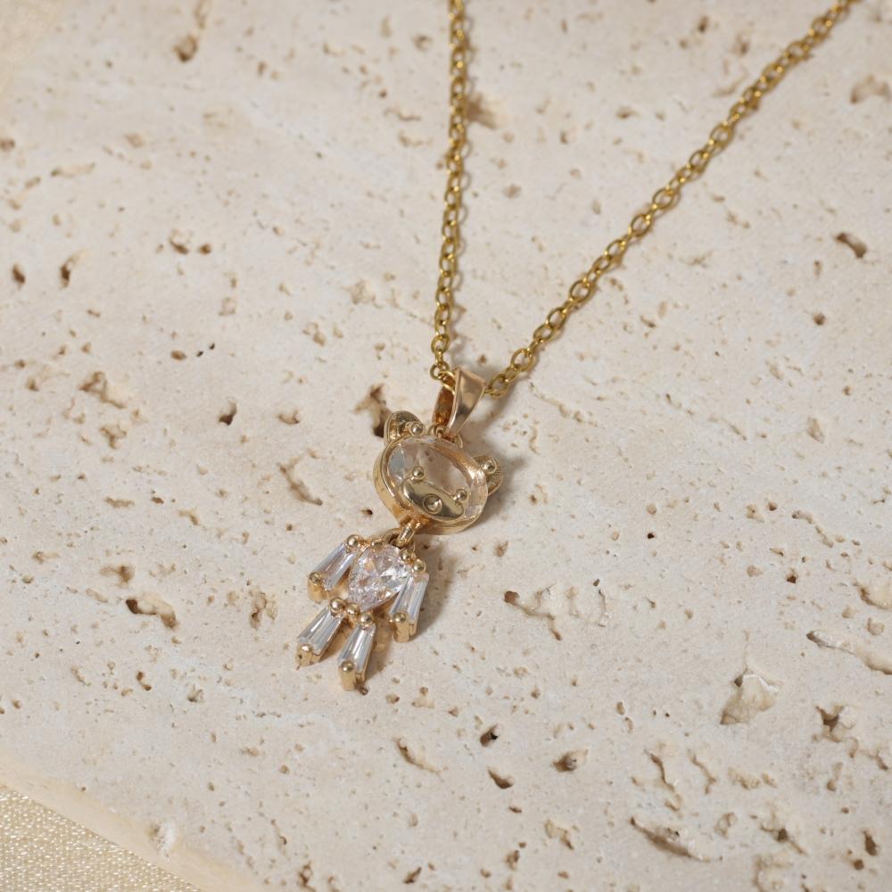 1 Piece Simple Artificial Crystal Bear Pendant Necklaces for Women Golden Stainless Steel Necklace Jewelry Daily Accessories