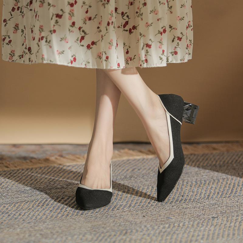 Flying woven single shoes women's medium heel high heel versatile breathable soft sole thick heel pointed head spring and autumn knitting