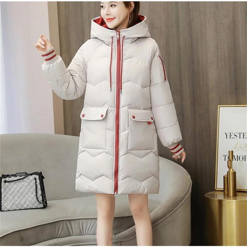 Damen Winter Mittellanger Steppmantel Kapuzenmantel Dicke Warme Jacken Kontrasttaschen Mode Parkas Lässige Lockere Daunenjacke