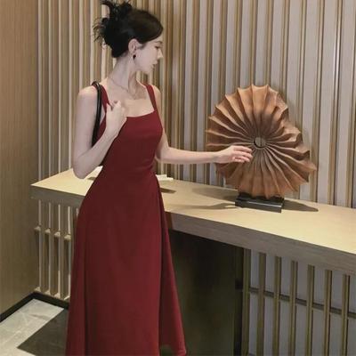 New Year's Red Slim Waist Suspender Dress for Women - Spring Daily Engagement Toast Dress