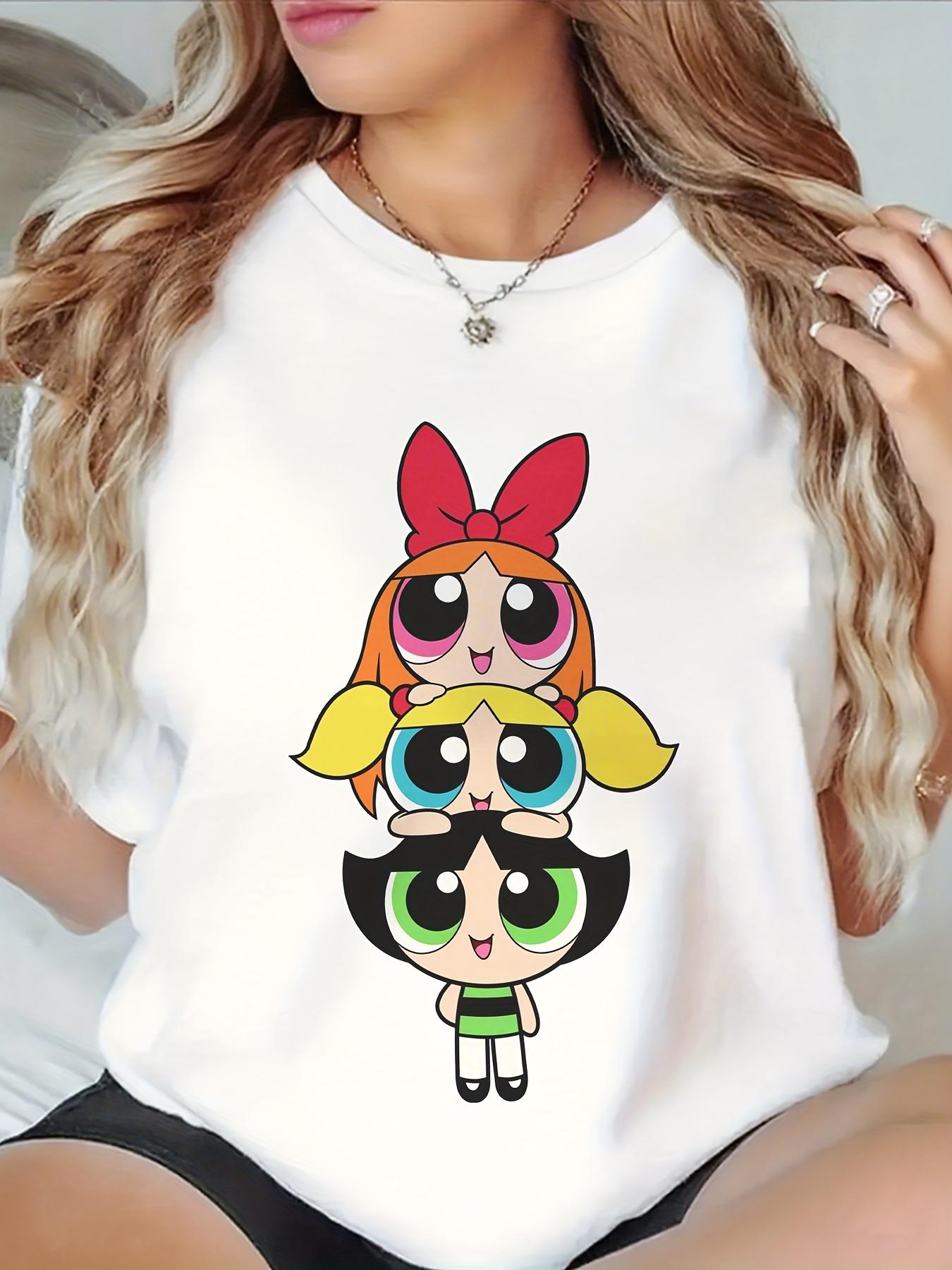 

European size - The Powerpuff s Women S L-5XL Oversized T-Shirt - Blossom, Buttercup Bubbles Graphic Print, Retro Cartoon Short Sleeve Round S белый