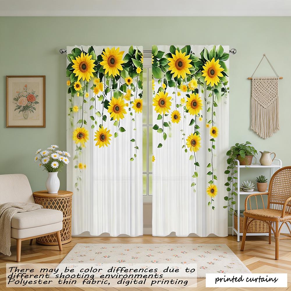 2D Graphic Design Sunflower Watercolor Sheer Curtains 2-Piece Set Machine Washable Polyester Pole Style Suitable for Living Room