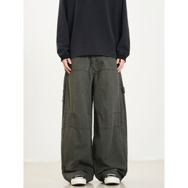Kisko Designed American Retro Washed Wide-Leg Drape Work Pants for Men and Women, Loose Straight-Leg Baggy Casual Trousers
