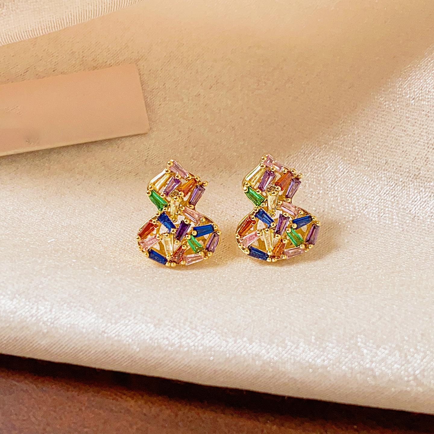 18k electroplated retro color zircon gourd stud earrings exquisite earrings women