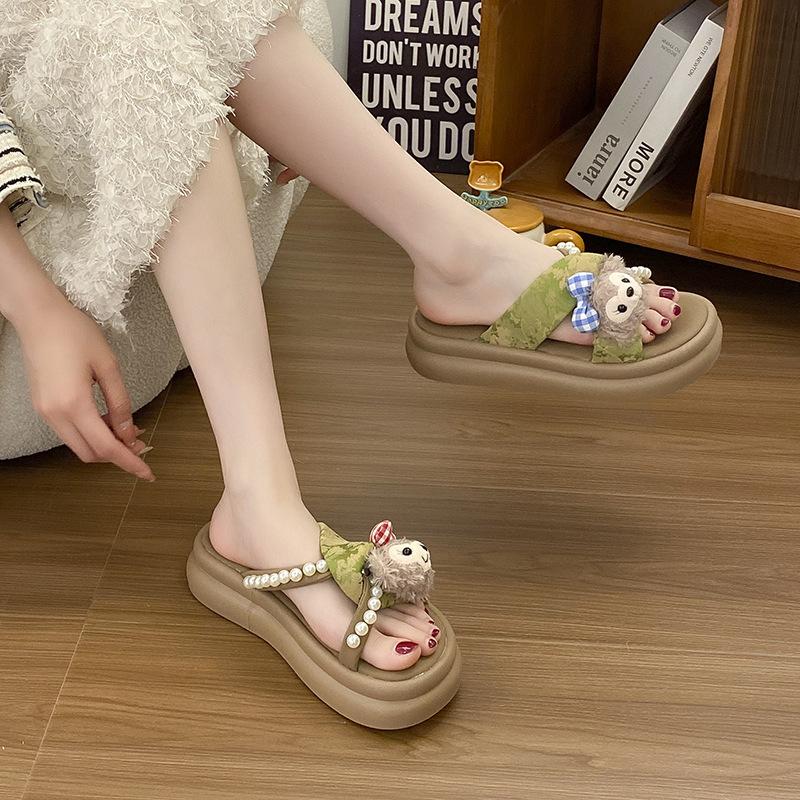 Beach Shoes Cool Slippers Accessories Korean Exterior Women's Slippers Flip-flops Seaside Flip-flops Bear Pinch Feet Fashion Casual