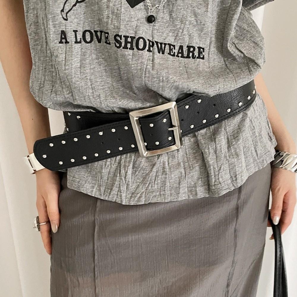 

Y2K Rivet Wide Belt Heavy-Duty Slimming Belt Fashion Pin Buckle Waistband For Women чорний
