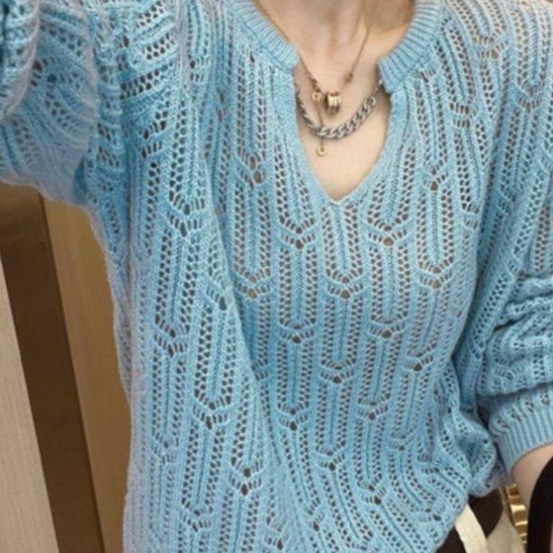 

Осенний однотонный полый V-образный вырез свободный и ленивый стиль вязаный свитер для женщин в верхней одежде 2XL синий