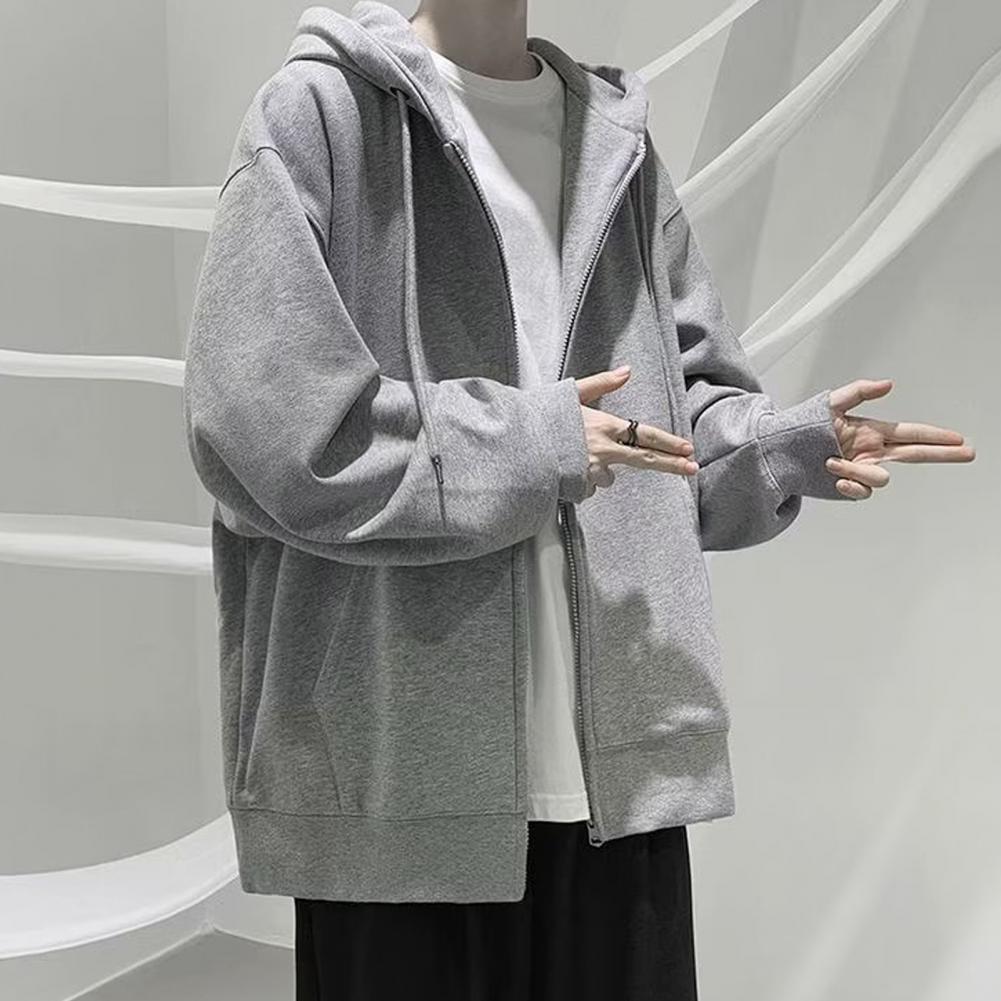 Men Fall Winter Hoodie Drawstring Loose Zip-up Long Sleeves Pockets Hooded Plus Size Cardigan Thin Pure Color Daily Wear Casual