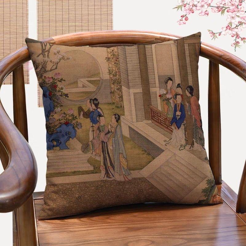 Qingyoutu New Chinese Classical Character Decorative Pillowcase Antique Lady Picture Throw Pillow Sofa Cushion Cover