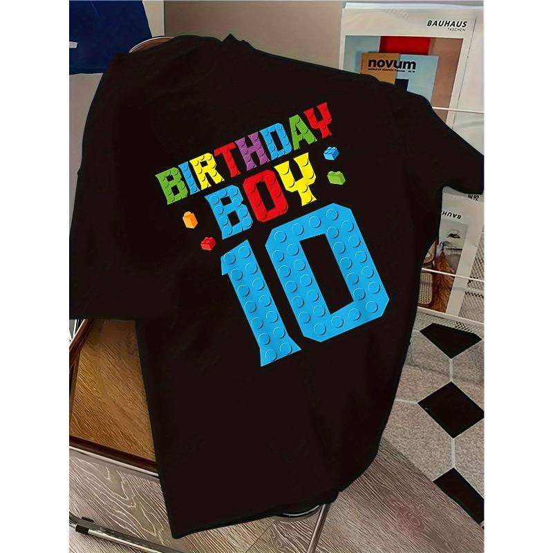 European Sizes Boys' 10th Birthday T-Shirt Sleeve Round Neck Casual Party Outfit with -Inspired Number 10 Bricks Design, Summer Birthday Party Shirt