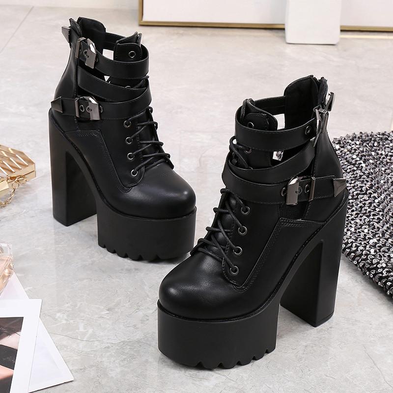 Women Platform Ankle Boots Lace Up Square High Heels Ladies Short Boots Shoes Autumn Winter Female Casual Black Footwear