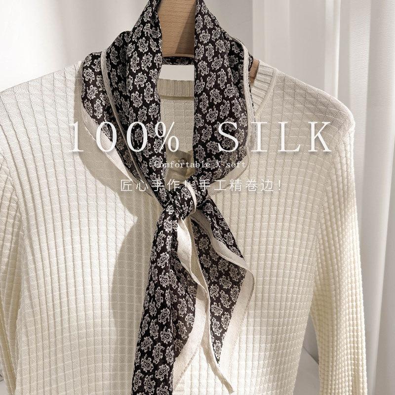 Mulberry silk is light and skin-friendly, fashionable, women's elegant decorative silk scarf, silk, black and white cashew pattern rhombus circumferen