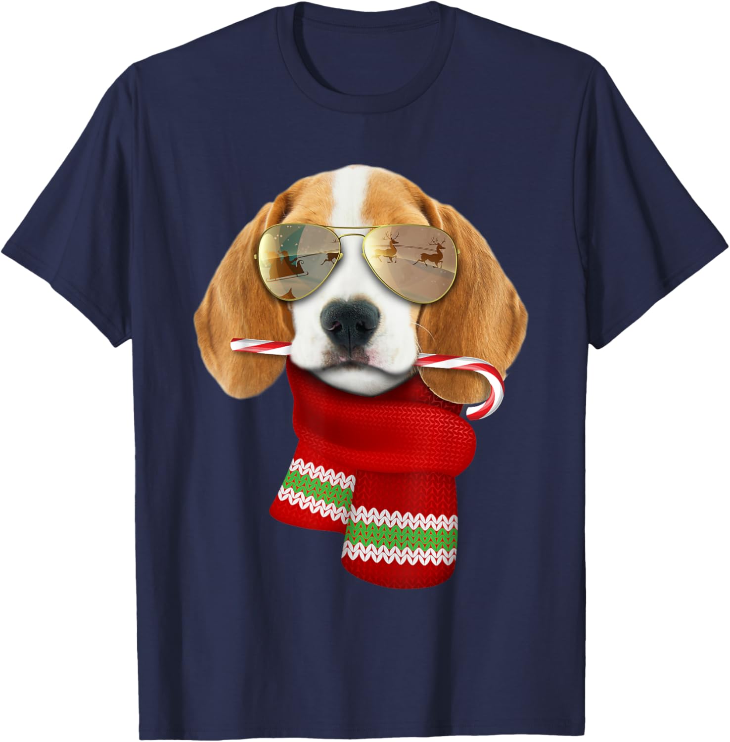 

Cool Beagle Dog Christmas Sunglasses Candy Cane Scarf Graphic Tee Soft Cotton T-Shirt for Dog Lovers 4XL