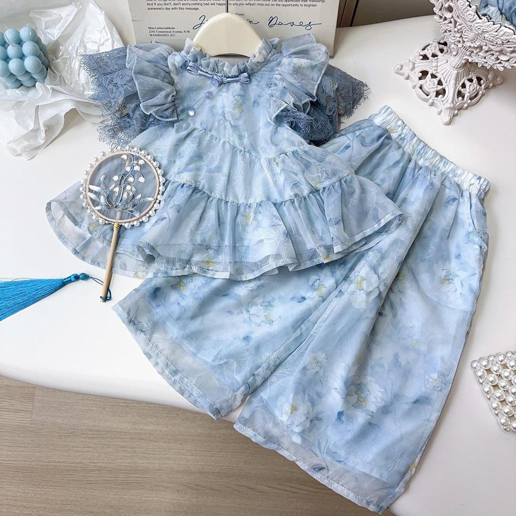 Girls' Chinese-Style Summer Two-Piece Set: Fashionable Short-Sleeved Top & Pants (EXB001)
