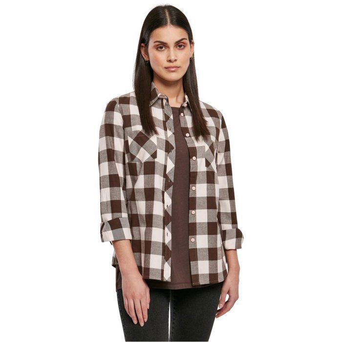 Chemise Lumberjack Femme - Urban Classics - TURNUP FLANELL - Manches longues - Brun - Blanc