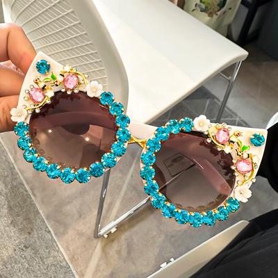 Non-polarized Cat Eye Sunglasses Fashion Handmade Rhinestone Sun Glasses for Women Flower Decoration Party Eyeglasses