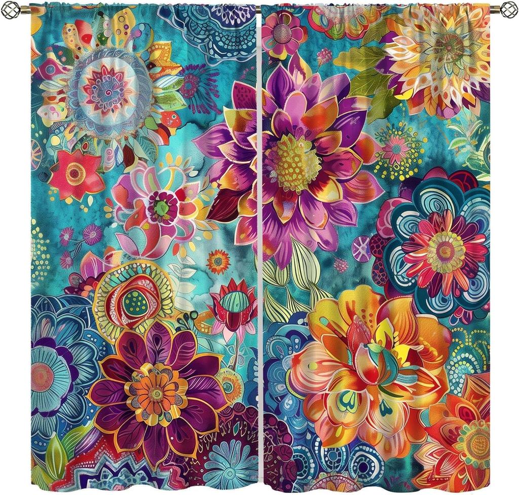 Bohemian Boho Floral Curtains Vintage Abstract Oil Painting Colourful Art Medieval Hippy Plant Flower Window Treatments Drapes Made Of Polyester