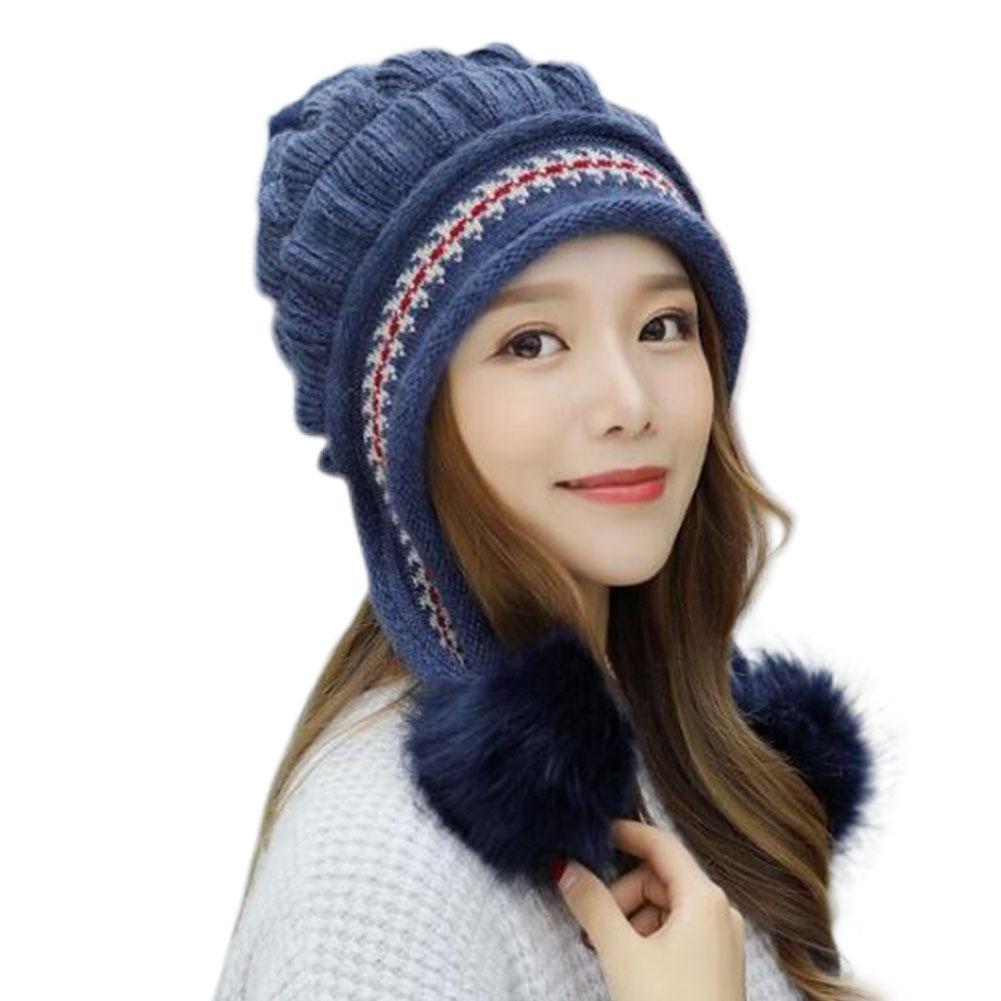 Girls Thicken Ski Snow Cap Fur PomPoms Winter Women Beanie Hats Female Skullies Warm Gloves + Knit Hat Set