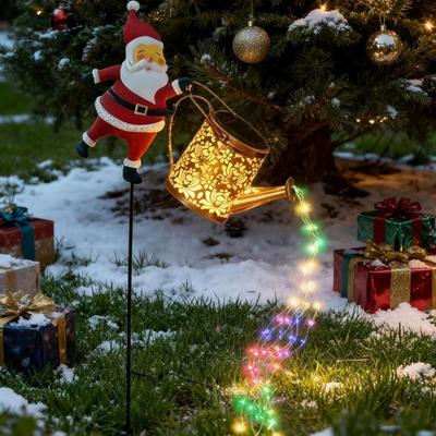 Christmas Santa Solar Kettle Lights Garden Lawn Decorative Lights Waterproof Watering Can String Light Metal Santa Claus Ground Lamp for Outdoor