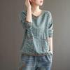 Literary Retro Cotton Spring and Autumn Floral V-neck Long-sleeved T-shirt Women's Loose Large Size Topirt