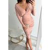 YYFS Vestidos casuales de cintura alta con escote en V y manga larga con estampado de colores sólidos para primavera y otoño para mujer