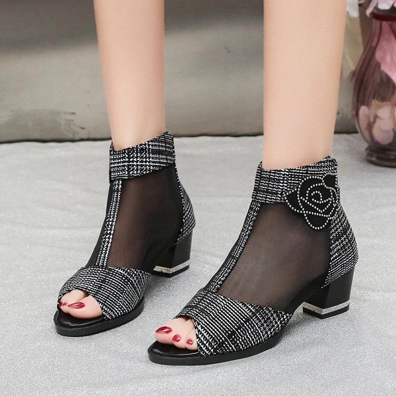 Women's High Heels 2024 New Open Toe Sexy Outdoor Matching Hollow Breathable Design Summer Fashion Mesh Zipper Women's Boots