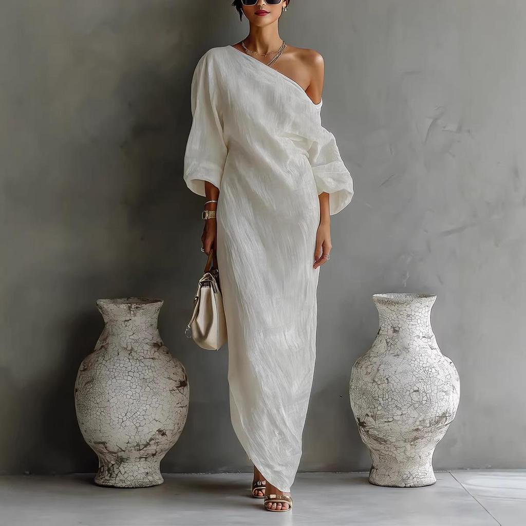 Women's One Shoulder Long Sleeve Maxi Dress Asymmetrical Loose Draped Elegant Long Dress