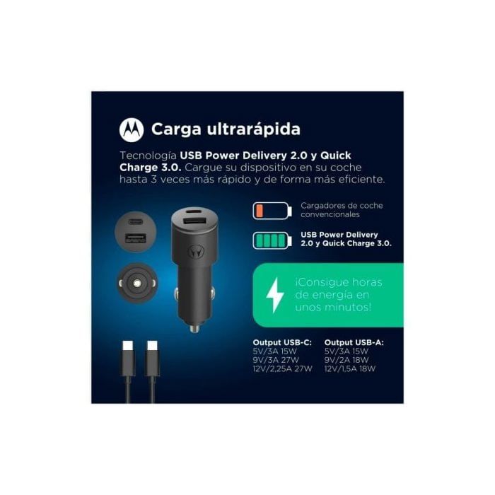 Motorola SJV102-EU svart billader med USB-A- og USB-C-porter, lader med 45 W hurtiglading, inkluderer USB-C-kabel