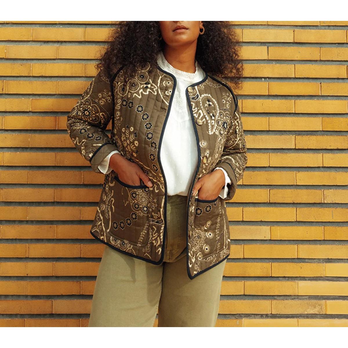 

Winter Plus Size Women s Vintage Patchwork Print Padded Jacket O-Neck Long Sleeve with Pockets Short Coat XL