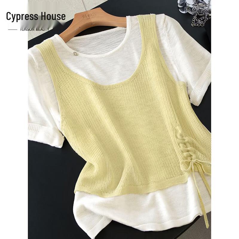 Women s Colorblock Faux Two-Piece Knit Short Sleeve T-Shirt OS