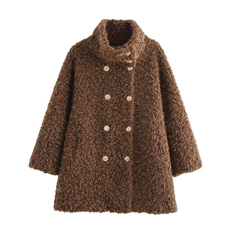 

Kaslead New Women clothes Western Style Fashion Fur Integrated Turtleneck Double-Breasted Mid-Length Fur Outerwear Brown All yards