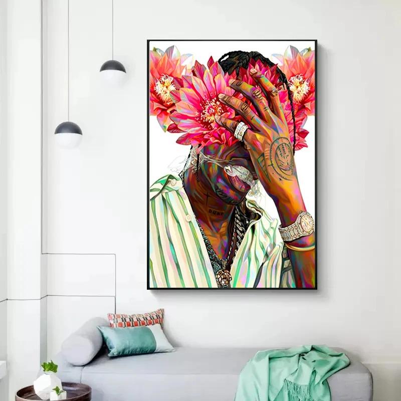 Famous Rapper Star Portrait with Flowers Canvas Painting Hip Hop Singers Abstract Art Posters Prints Wall Art Picture Home Decor