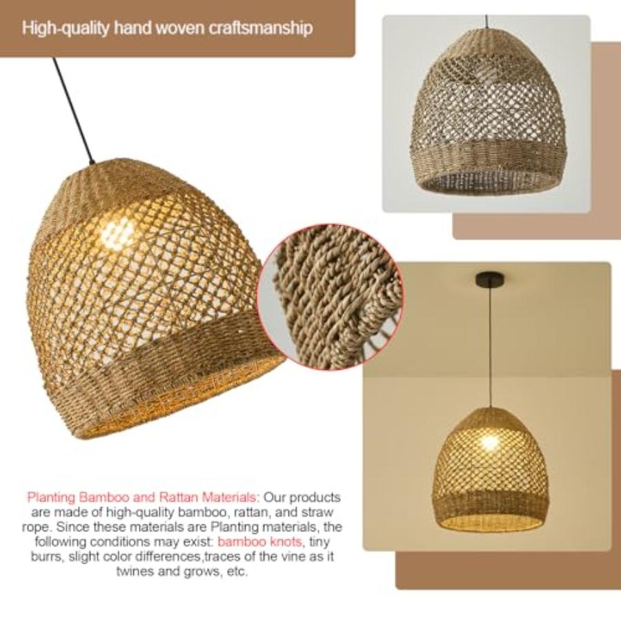 Rattan Pendant Light 13.77 Rustic Hand-Woven Wicker Hanging Light 1-Light Water Plants Rattan Chandelier for Dining Living Bedr