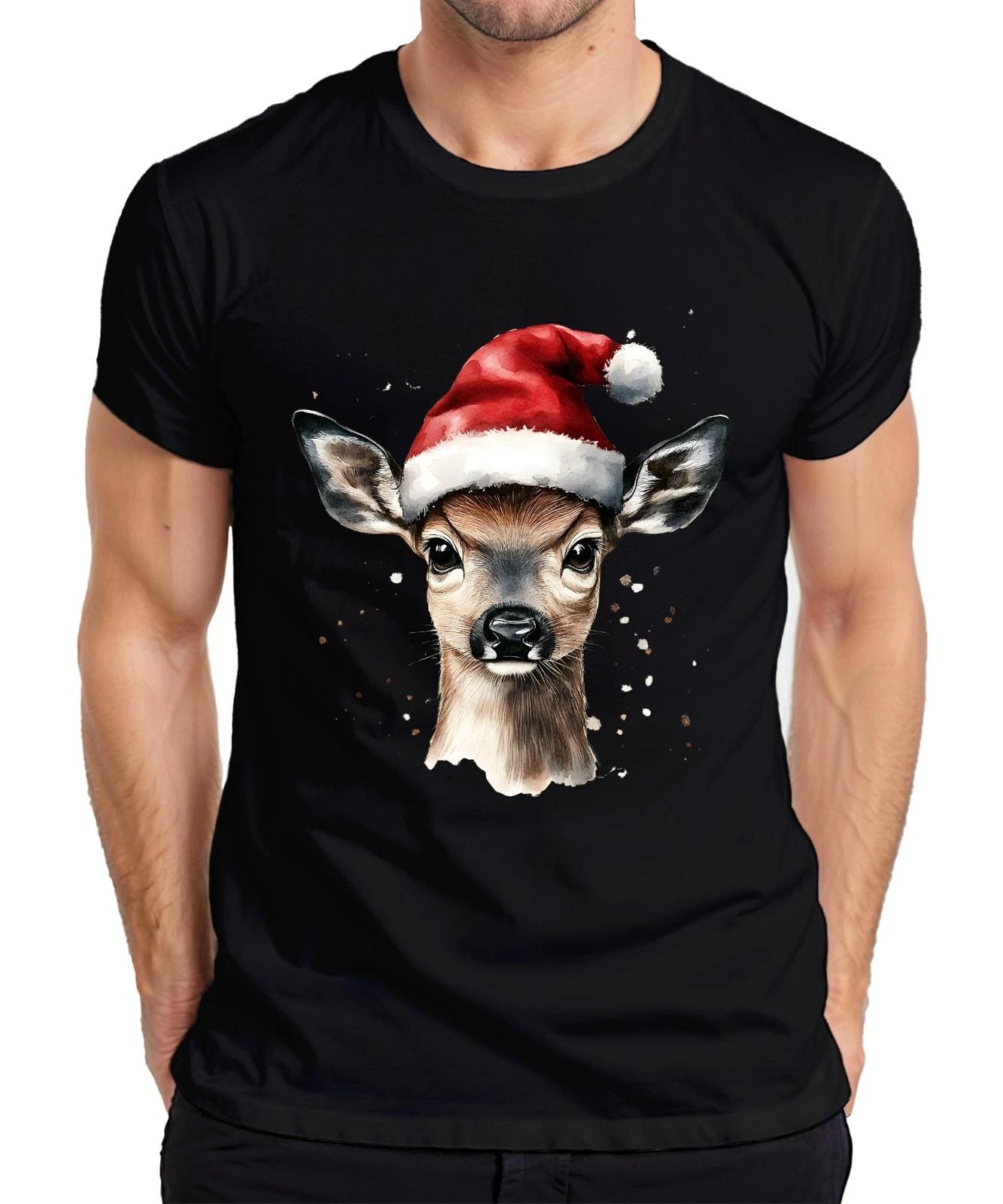 Cute Fawn Santa Hat Christmas Gift Watercolor Vintage Mens T-Shirt- M