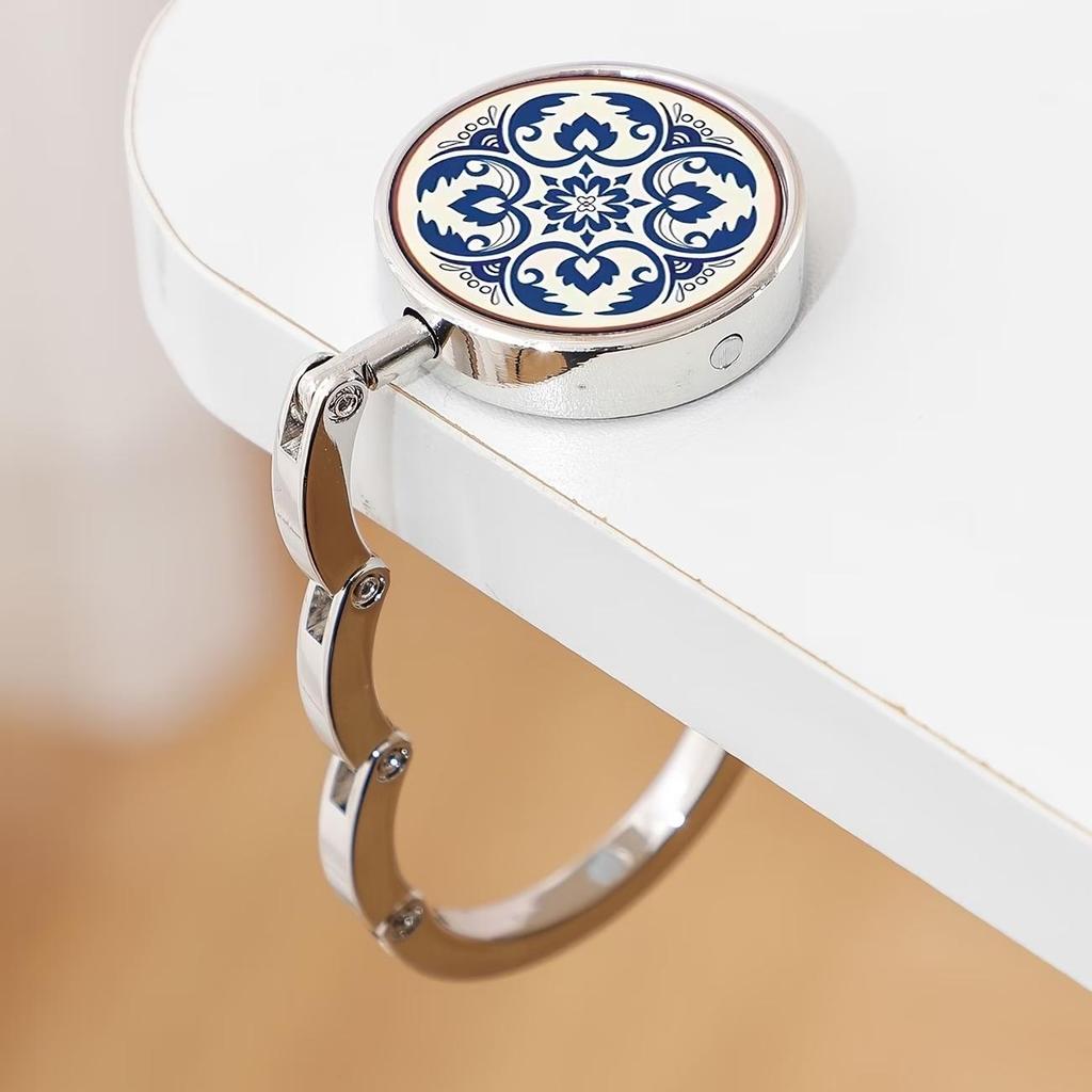 Elegant Blue & White Porcelain Portable Metal Folding Desk Hook for Women's Bag