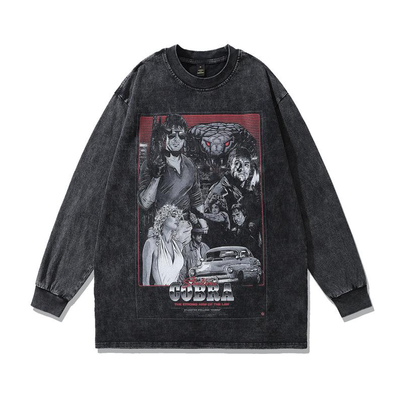 American High Street Retro Long-Sleeved T-Shirt White Ink Direct Spray Print Heavy Cotton Washed Crew Neck Sweatshirt Men'S Ins