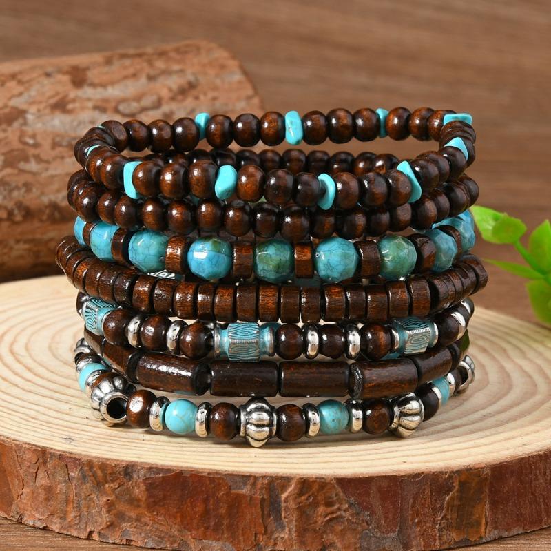 7-Piece new wooden bead turquoise men's and women's bracelets are suitable for daily wear by men and women